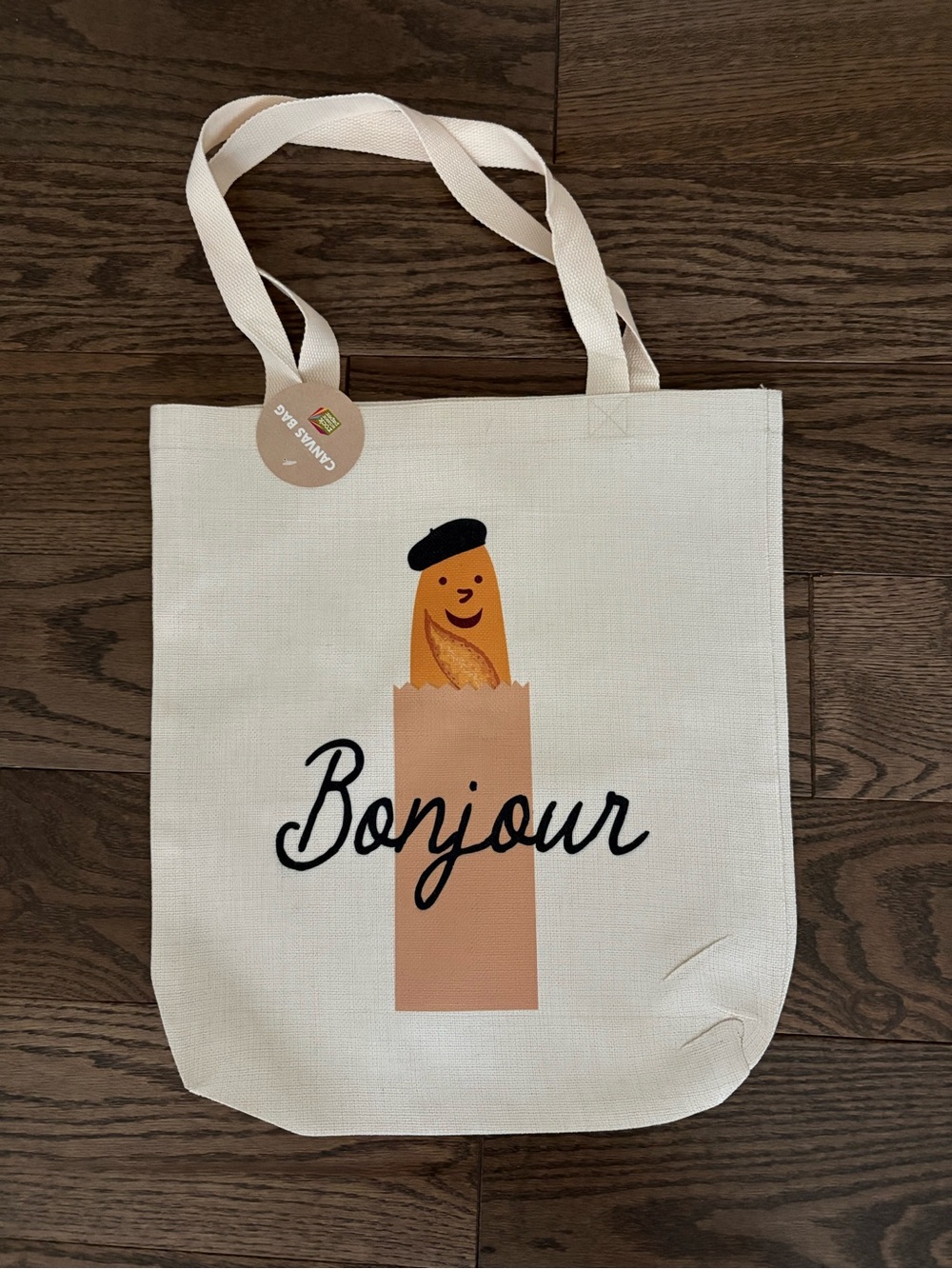 Monsieur Marcelle LA Market Cream Canvas Tote Bag with 'Bonjour' Baguette Print